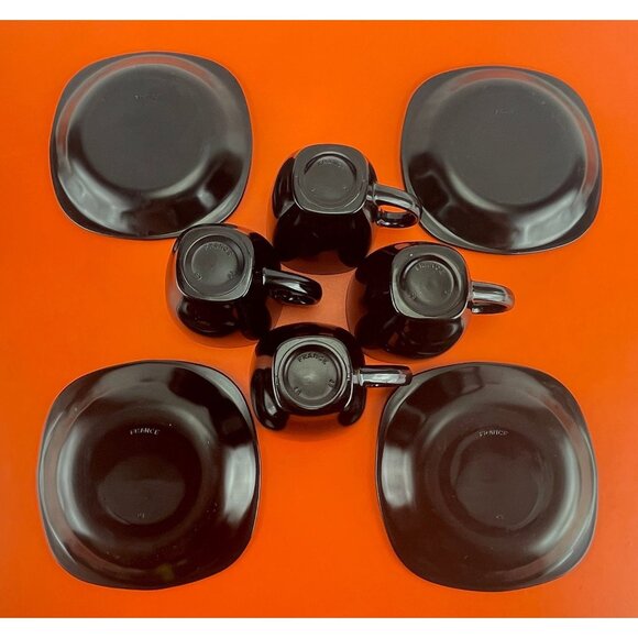 Vintage 1980s demitasses and saucers set, square black glass, Arcoroc France - Picture 9 of 10
